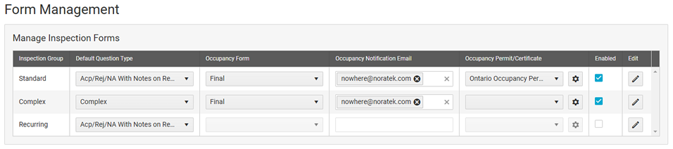 Permits & Construction: Form Management screen