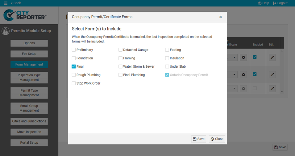 Occupancy Permit/Certificate settings