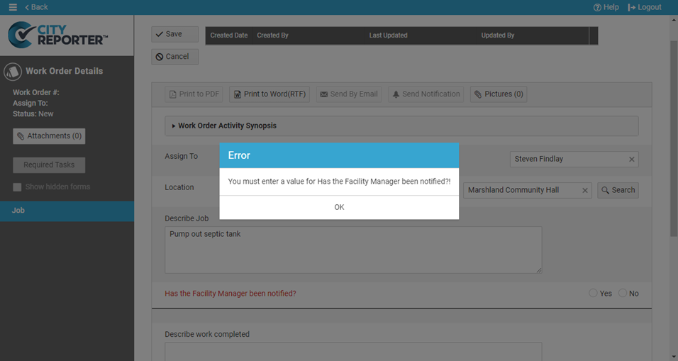 Mandatory options for work orders