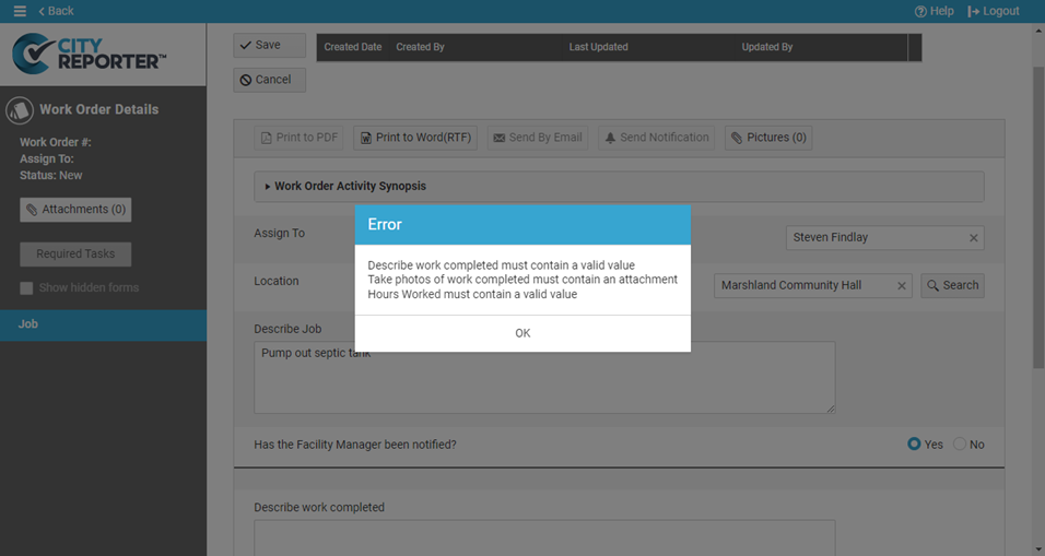 Mandatory options for work orders